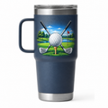 YETI 20 oz Travel Navy with sample full-color UV printing: full color golf ball on tee, crossed clubs and green blue scenic golf flag
