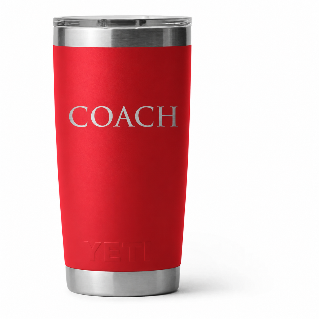 Example engraving: COACH on Rescue Red YETI 20 oz cup. Actual personalization varies.