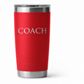 Example engraving: COACH on Rescue Red YETI 20 oz cup. Actual personalization varies.