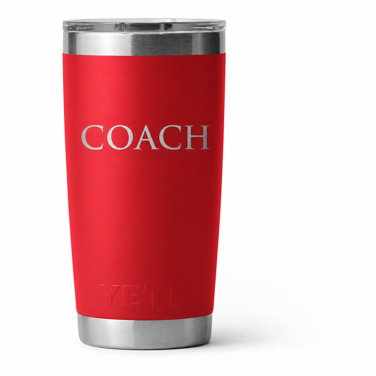 Example engraving: COACH on Rescue Red YETI 20 oz cup. Actual personalization varies.