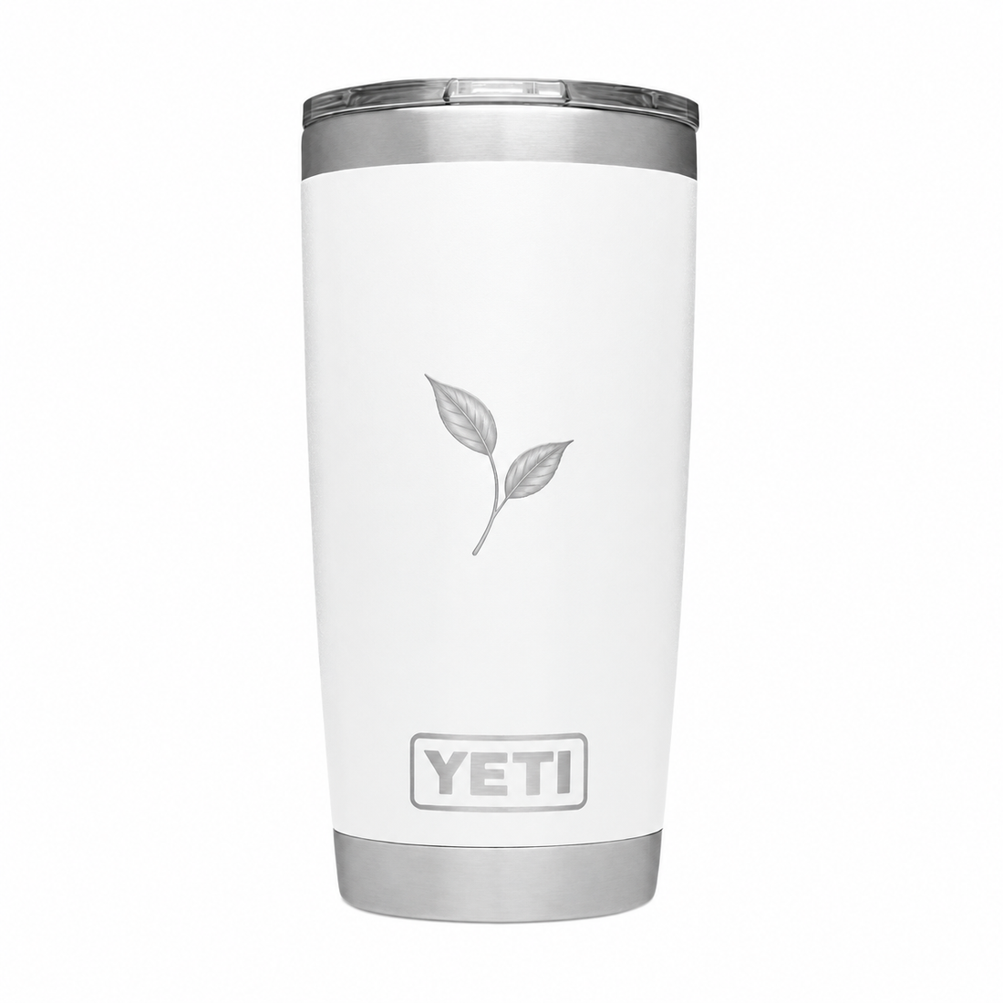 YETI 20 oz White with example engraving. Actual personalization varies.