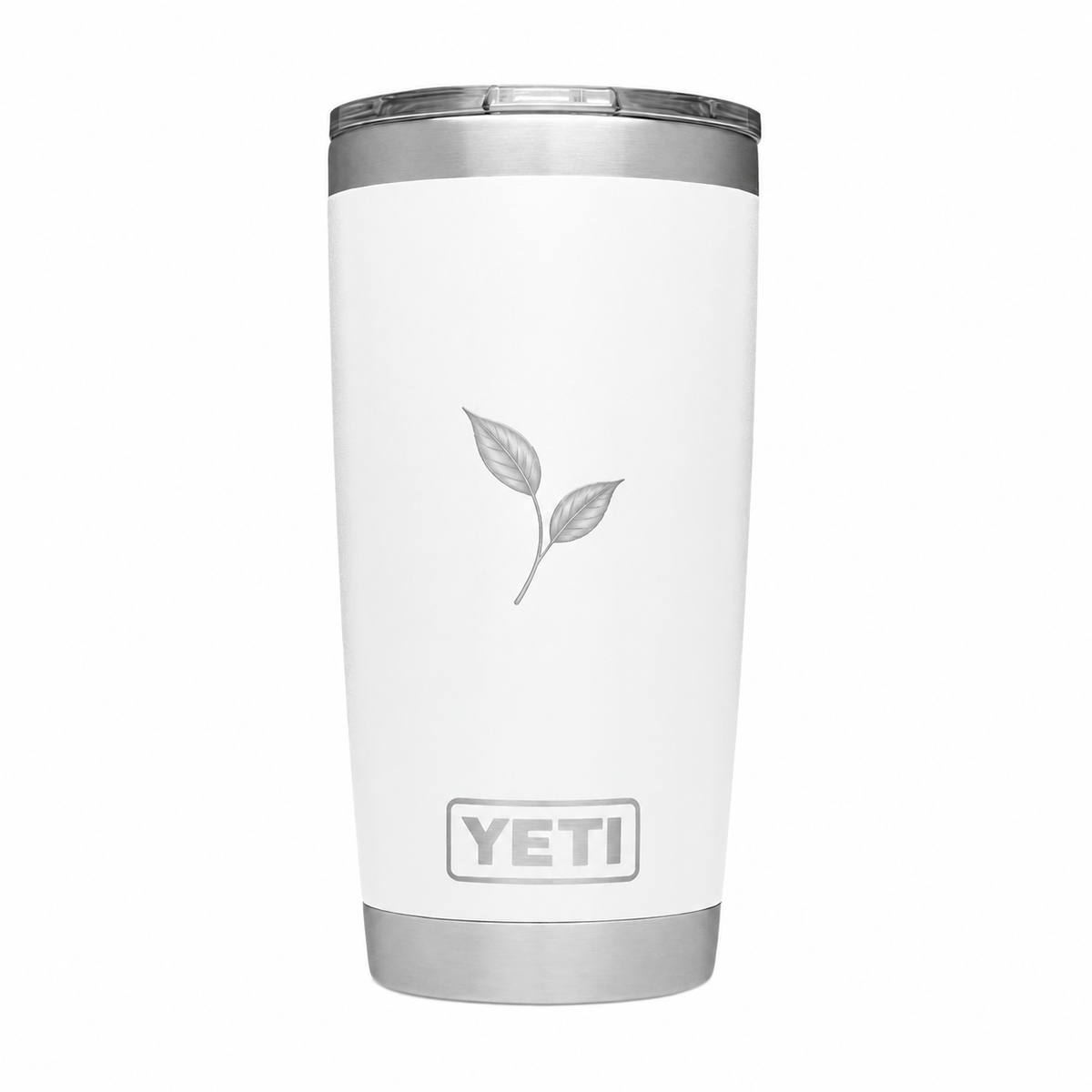 YETI 20 oz White with example engraving. Actual personalization varies.