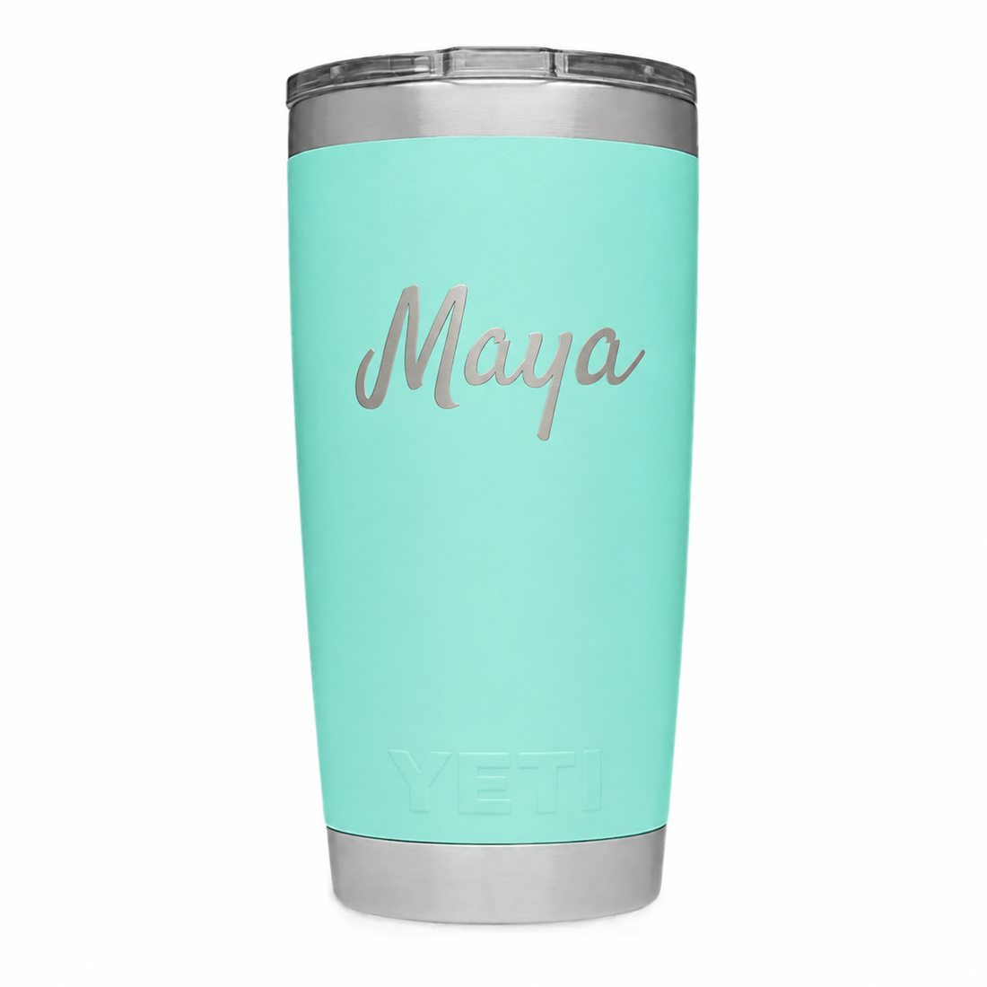 Example engraving: Maya in mixed-case script on Seafoam YETI 20 oz. Actual personalization varies.