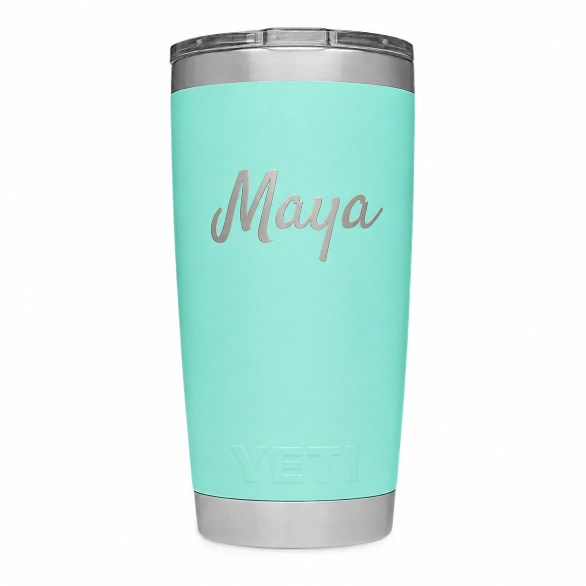 Example engraving: Maya in mixed-case script on Seafoam YETI 20 oz. Actual personalization varies.