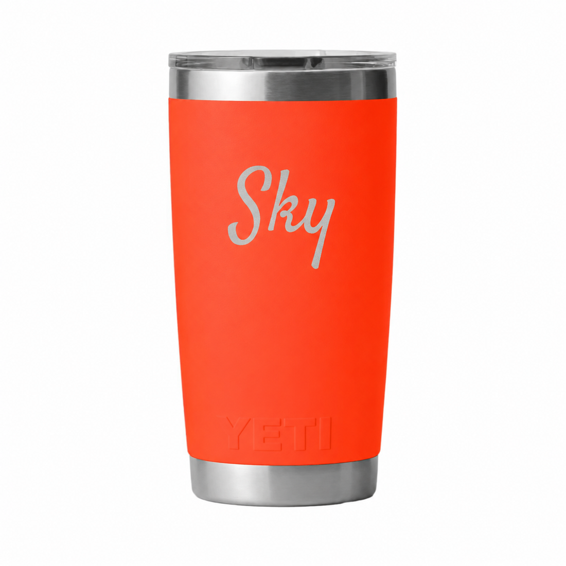 YETI 20 oz solar tumbler with example Sky in mixed-case script. Actual personalization varies.