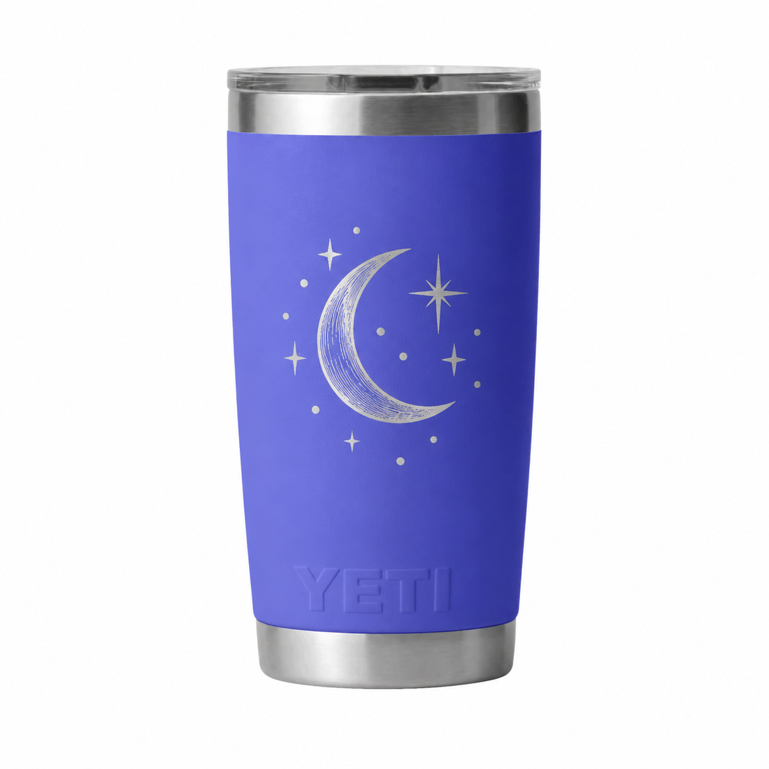 YETI 20 oz Ultramarine Violet crescent moon example engraving. Actual personalization varies.