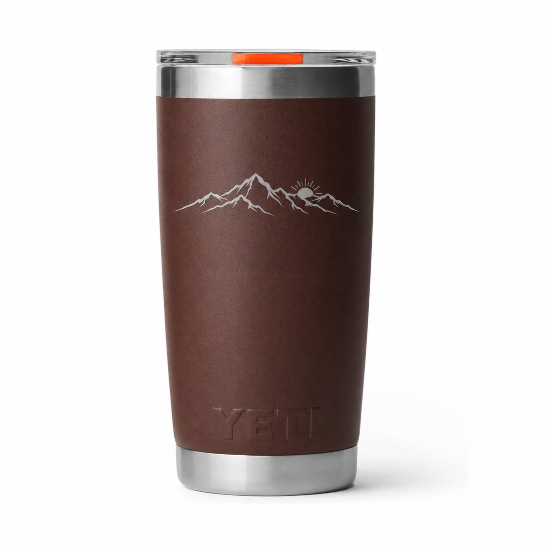 Example mountain artwork engraving on Wetlands Brown YETI 20 oz tumbler. Actual personalization will vary.