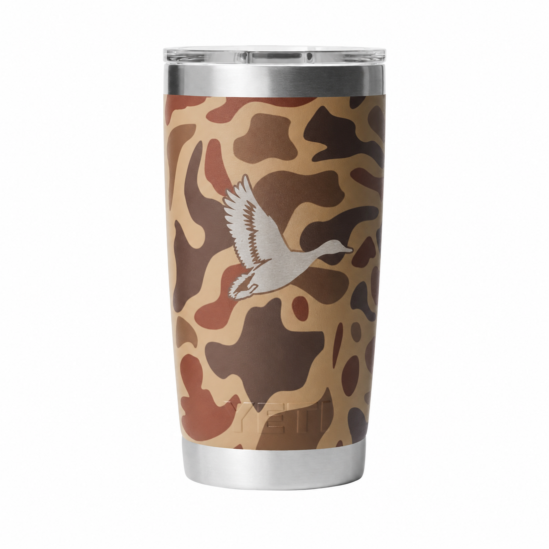 YETI 20 oz Wetlands Camo flying duck example engraving. Actual personalization varies.