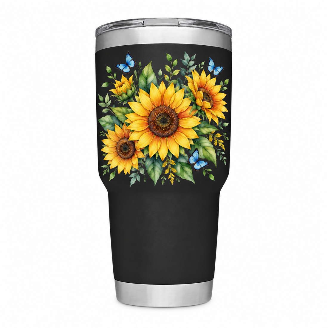 YETI 30 oz Black with sample full-color UV printing: watercolor sunflowers, tiny blue butterflies and green leaves