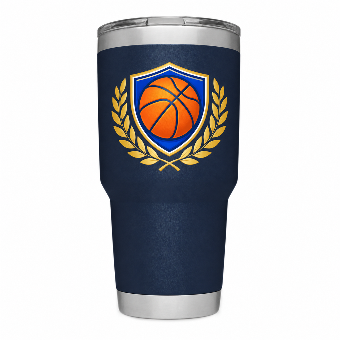 YETI 30 oz Navy with sample full-color UV printing: original generic basketball team emblem with orange basketball, royal blue shield and gold laurel