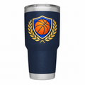 YETI 30 oz Navy with sample full-color UV printing: original generic basketball team emblem with orange basketball, royal blue shield and gold laurel