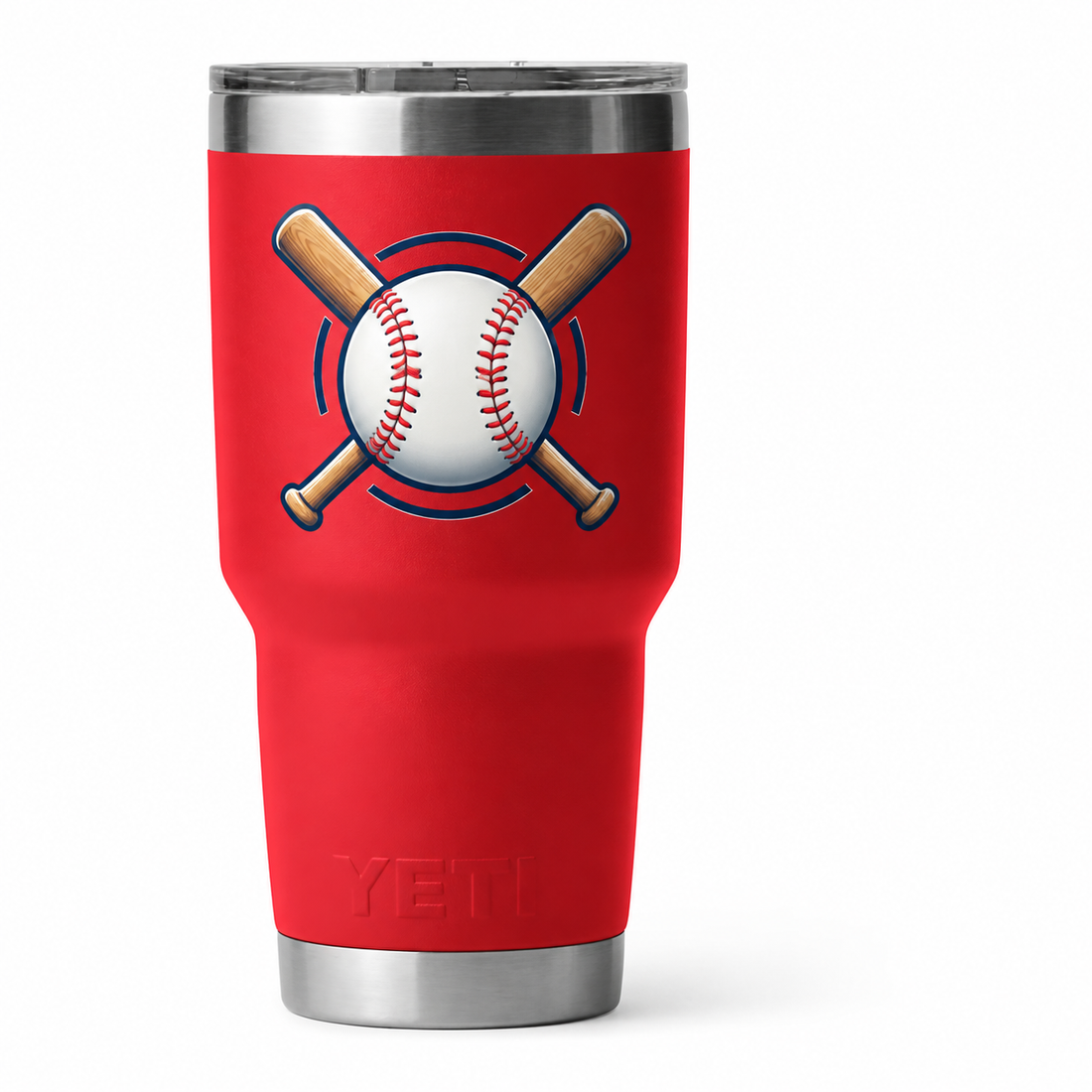 YETI 30 oz Rescue Red with sample full-color UV printed baseball and crossed bats on the upper side