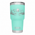YETI 30 oz Seafoam with sample laser engraving: minimal mountain range, pines and sunrise