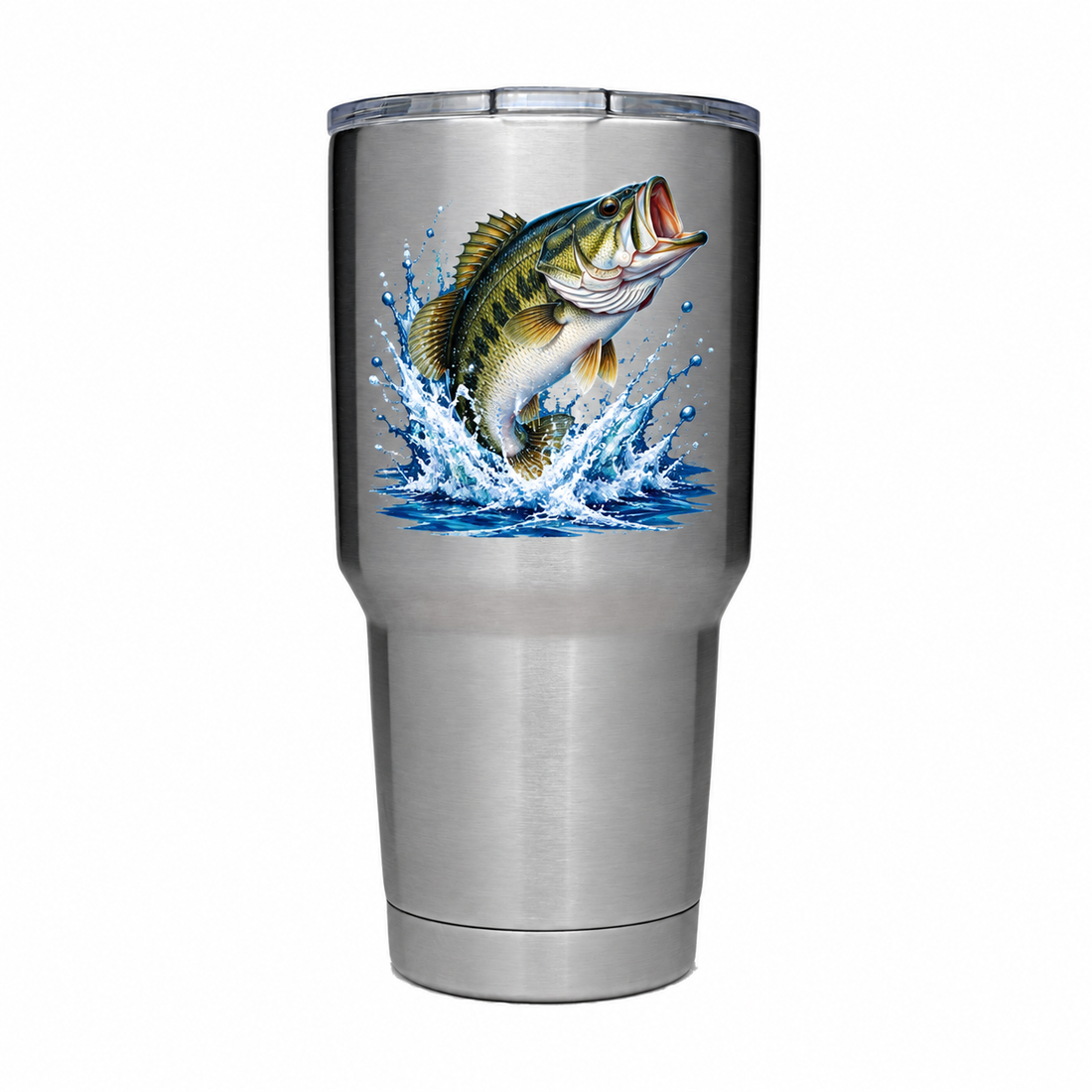 YETI 30 oz Stainless with sample full-color UV printing: full color fishing bass jumping from blue water, compact clean badge