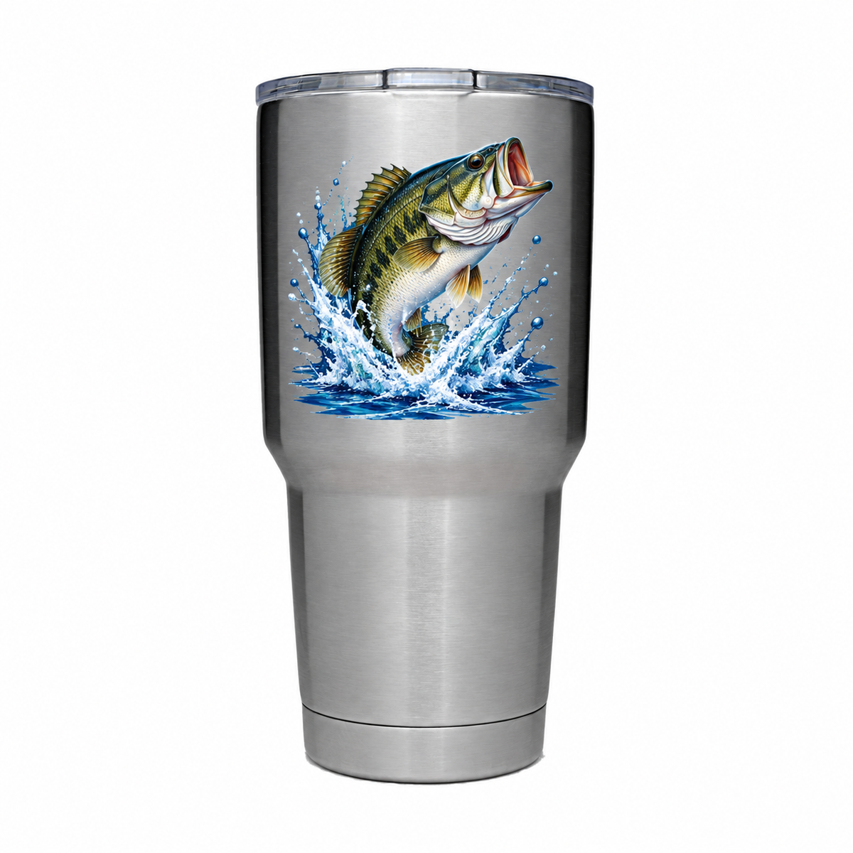 YETI 30 oz Stainless with sample full-color UV printing: full color fishing bass jumping from blue water, compact clean badge