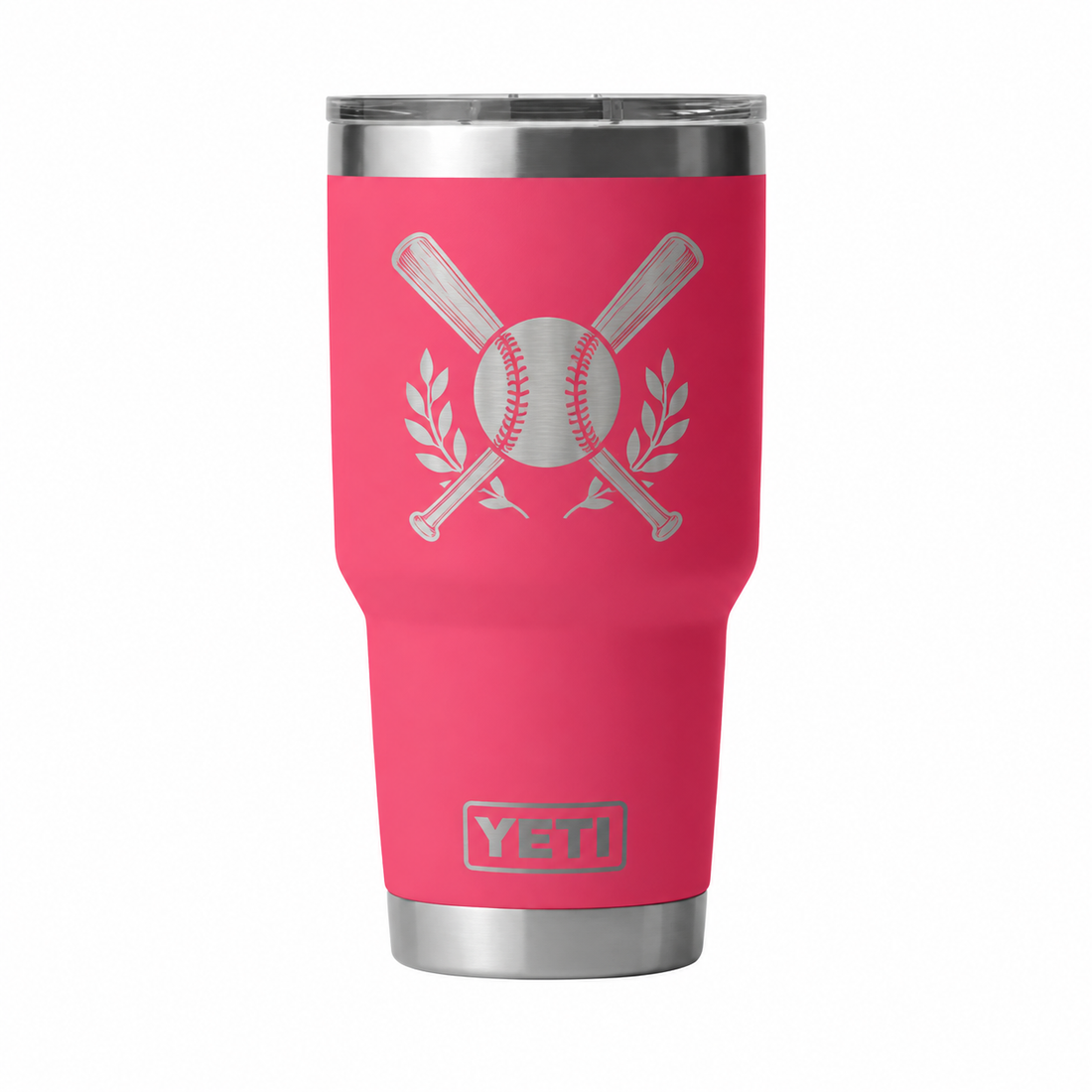 YETI 30 oz Tropical Pink with sample laser engraving: baseball with crossed bats and small laurel