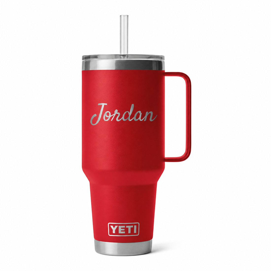 YETI 42 oz Rescue Red Travel — sample personalized laser engraving