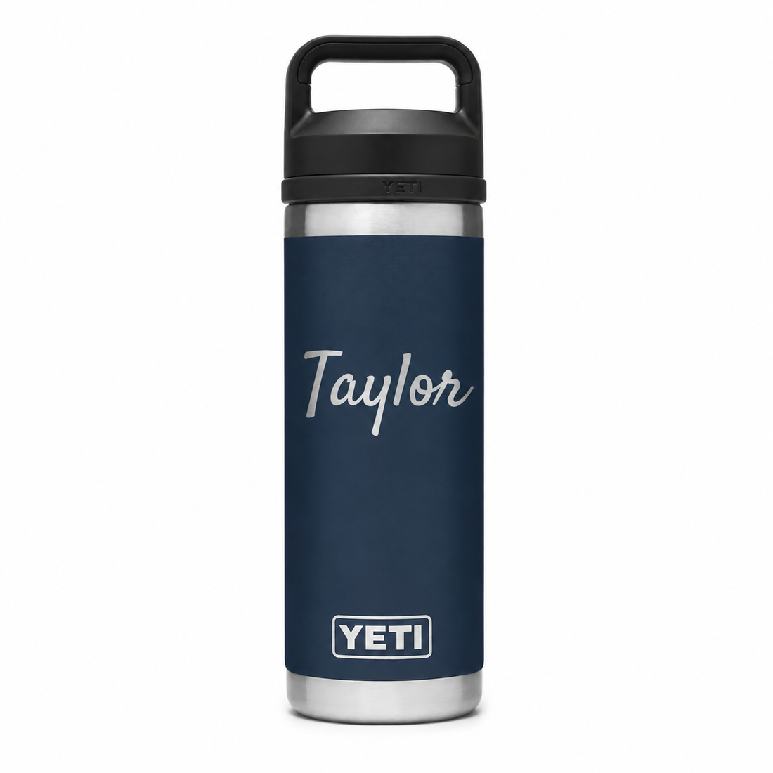 YETI Bottle Navy 18 oz — sample personalized laser engraving
