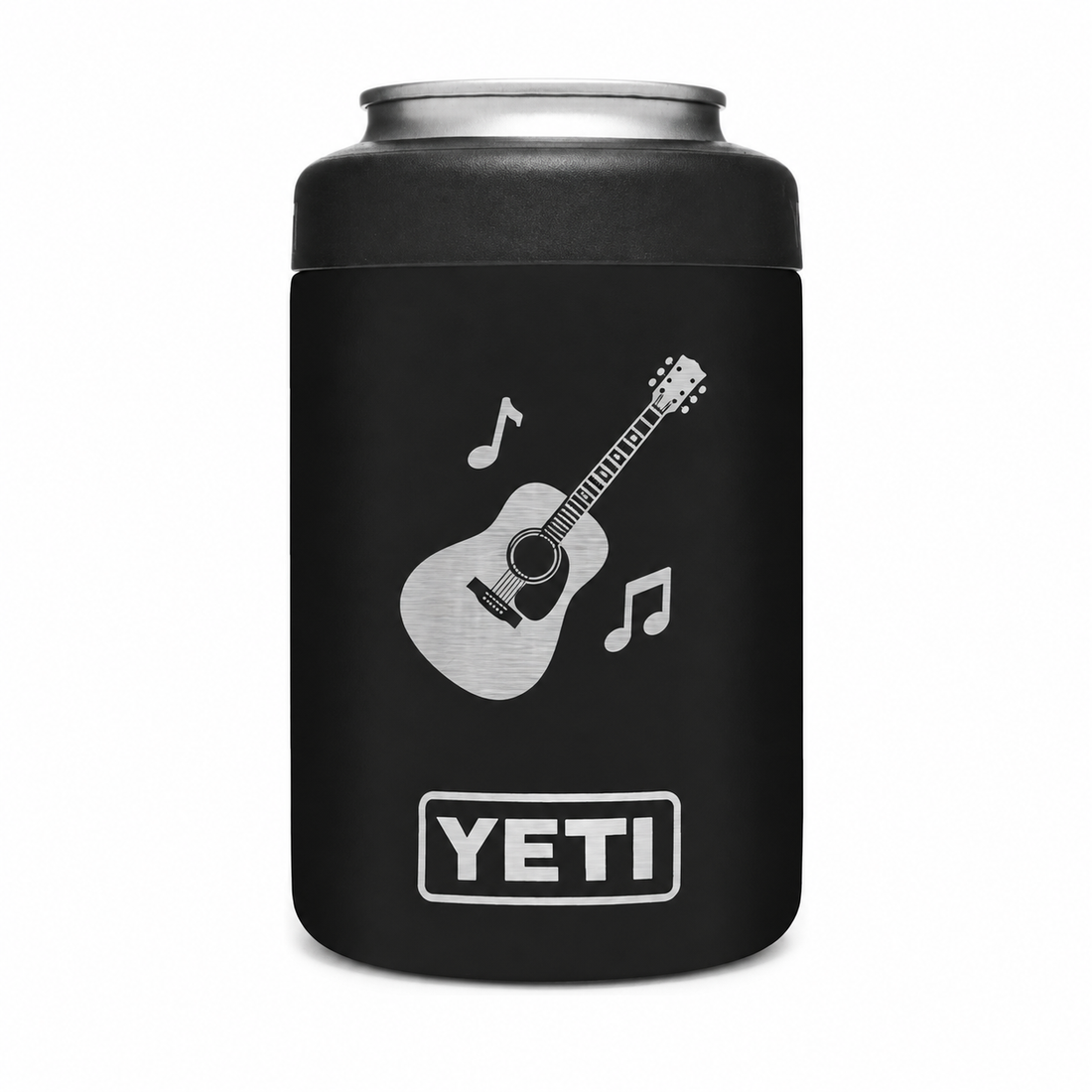 YETI Can 12 oz Black with sample silver laser-engraved guitar and music notes