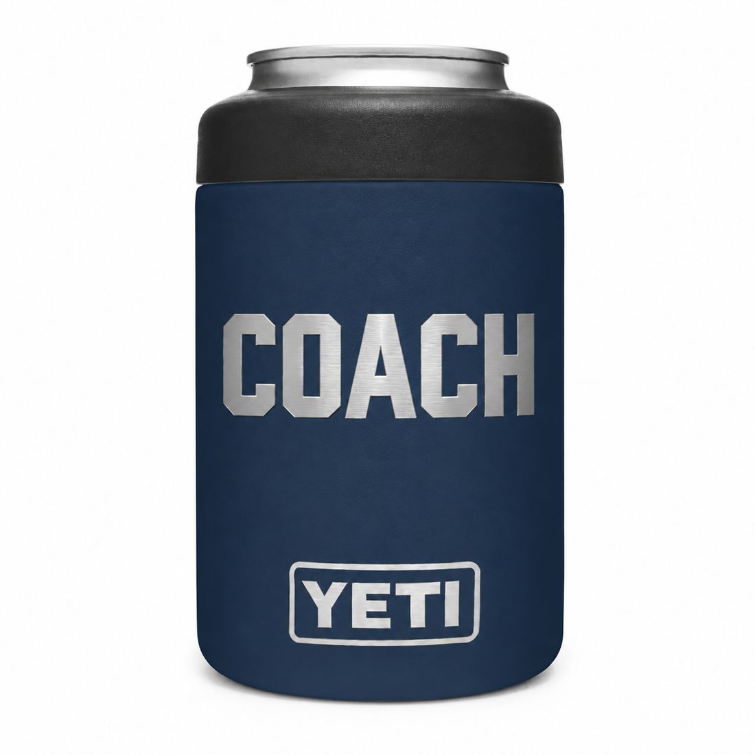 YETI Can 12 oz Navy – COACH engraving sample based on offered Jersey font; Coach baseball icon