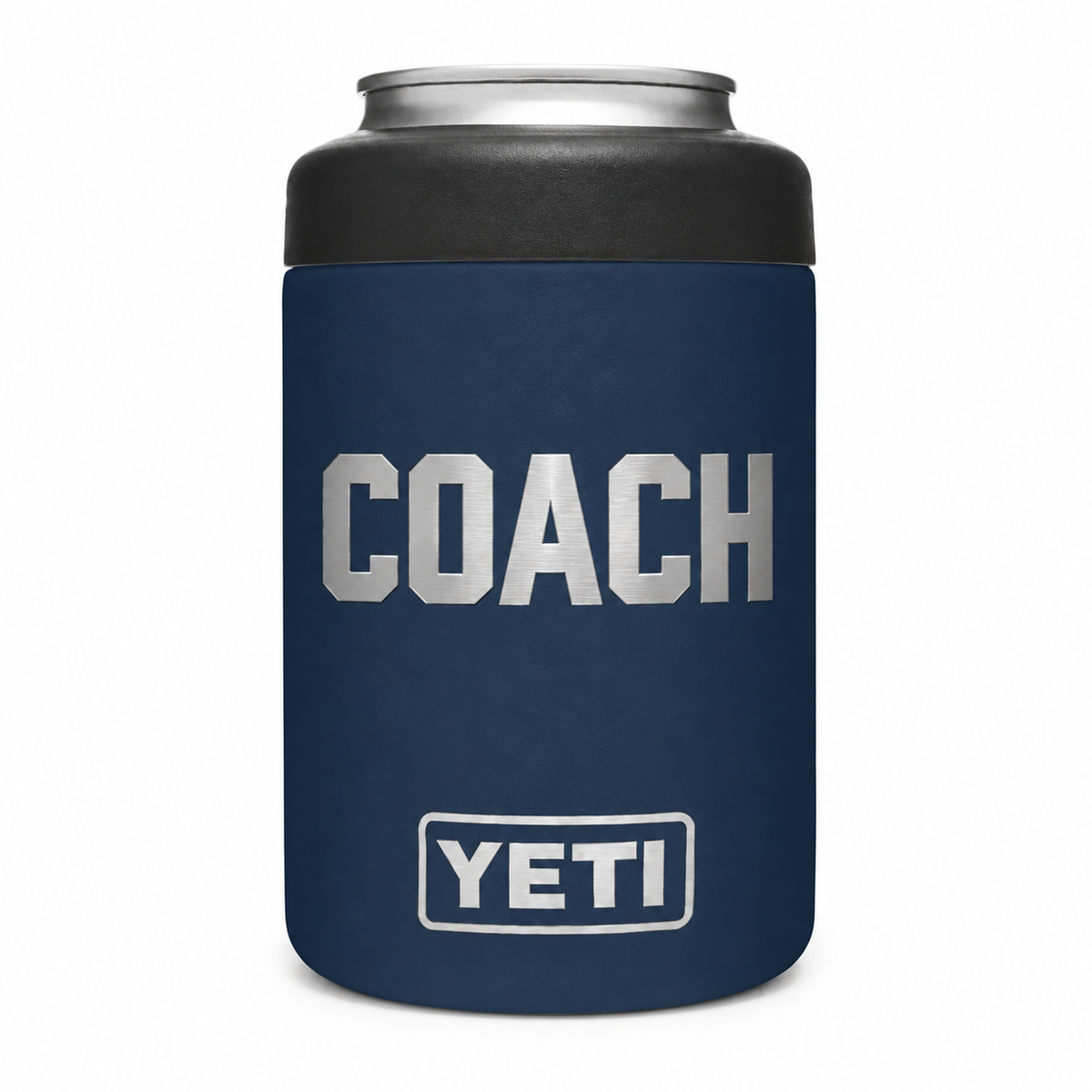 YETI Can 12 oz Navy – COACH engraving sample based on offered Jersey font; Coach baseball icon