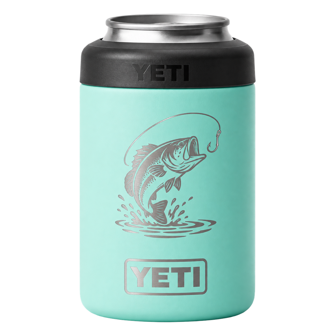 YETI Can 12 oz Seafoam with sample silver laser-engraved bass fishing graphic