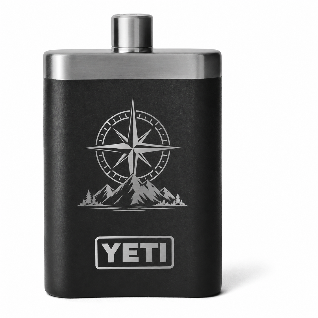 YETI Flask Black with sample silver laser-engraved compass and mountains