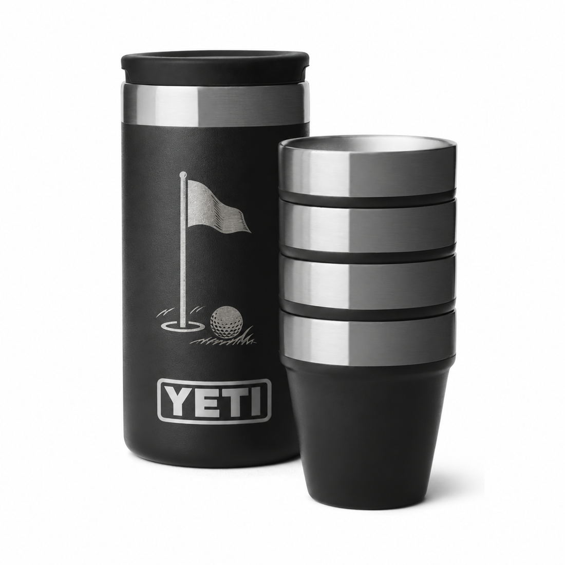 YETI Shot Glass with Carrying Case Black — sample laser engraving