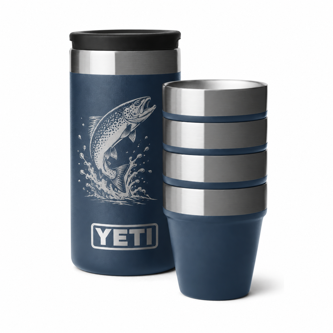 YETI Shot Glass with Carrying Case Navy — sample laser engraving