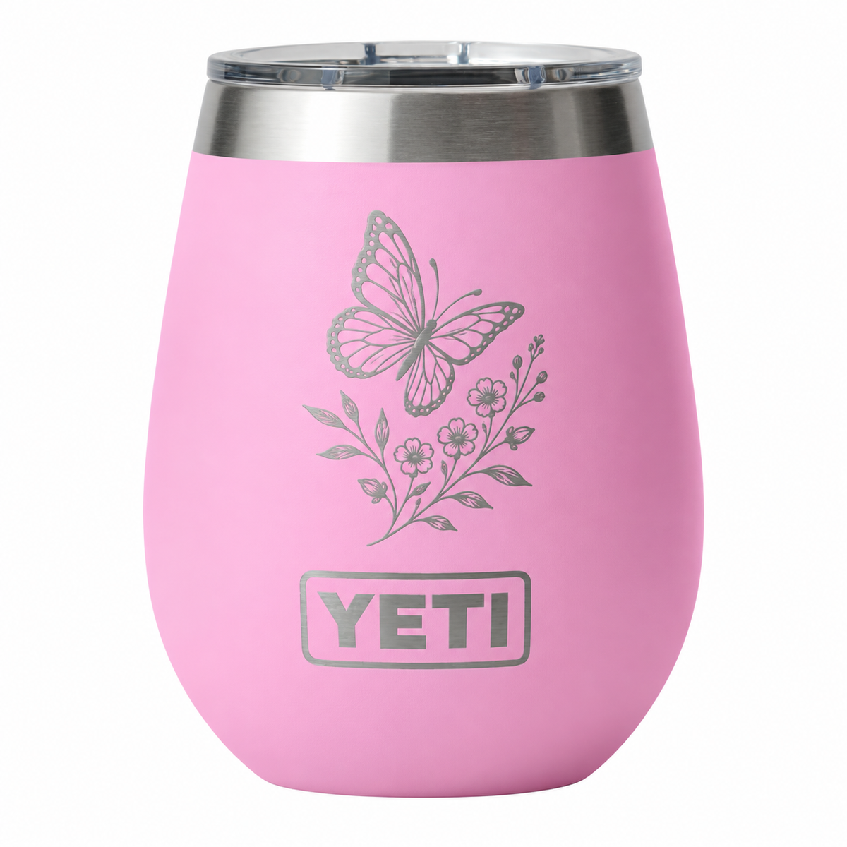 YETI Wine Power Pink with sample silver laser-engraved butterfly and flowers