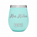 YETI Wine Seafoam – Mrs. Miller engraving sample based on offered Satisfy font; Wedding rings