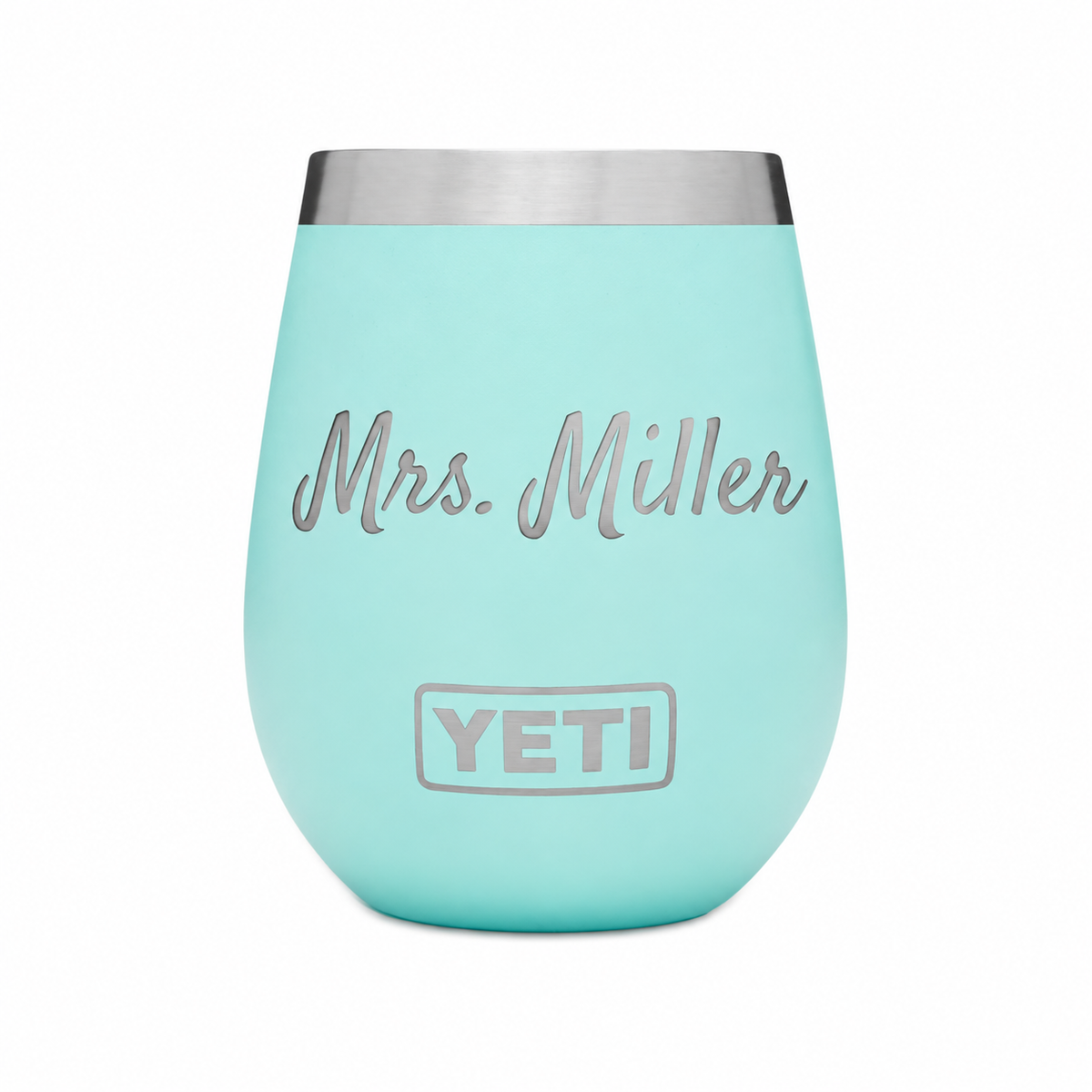 YETI Wine Seafoam – Mrs. Miller engraving sample based on offered Satisfy font; Wedding rings